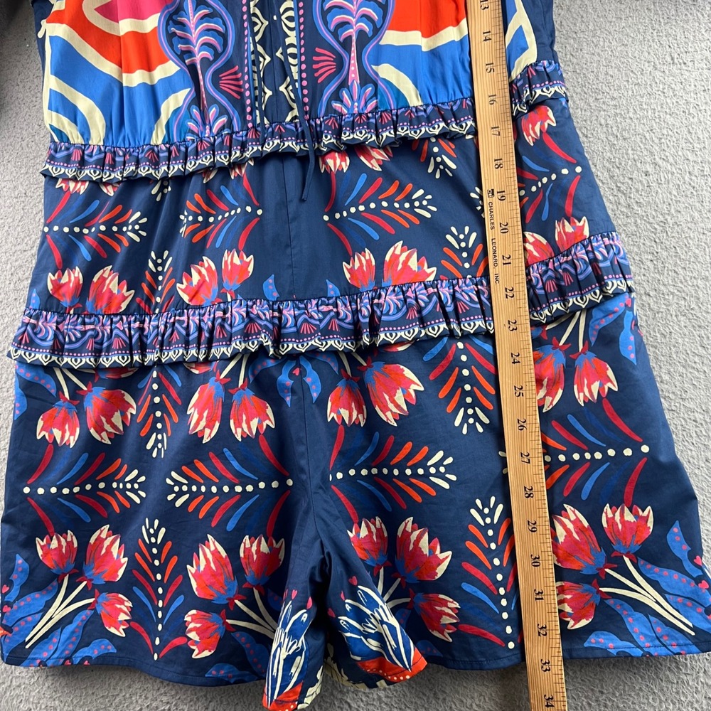 Farm Rio Blue Floral Tiered Ruffle Romper Short Sleeve Square Neck Puffy Sleeves - Picture 10 of 16